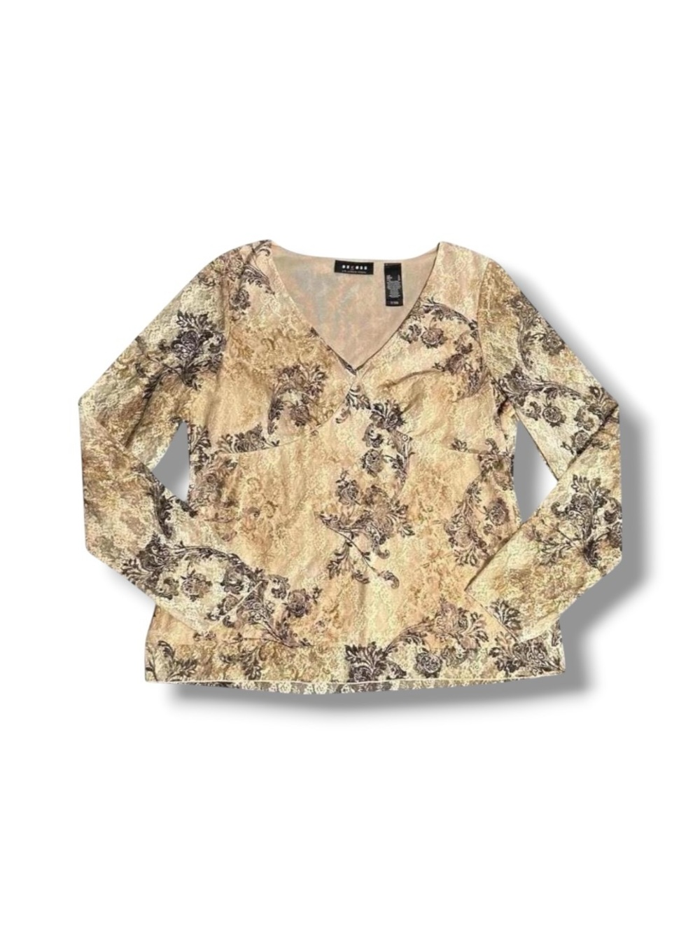 Axcess Nude Lace Mesh Sheer Long Sleeve Paisley Graphic Empire Waist Top L